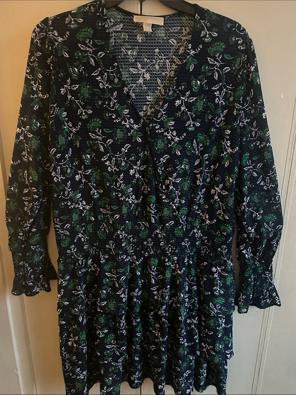 Michael Kors 2X Navy Floral V-Neck Long Sleeve Dress